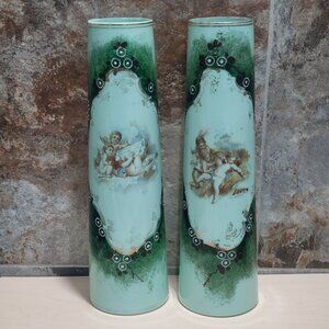 Pair Antique Mint Green Milk Glass Vases Cherub